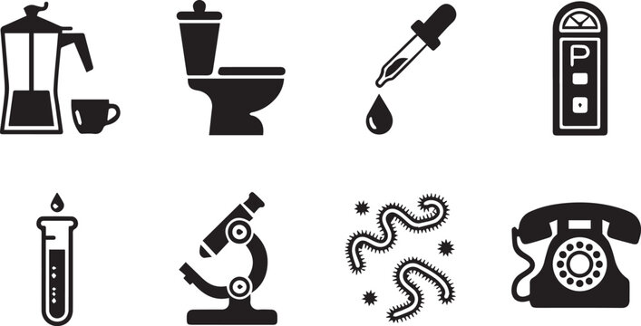 Collection of various everyday and science icons in black on white background