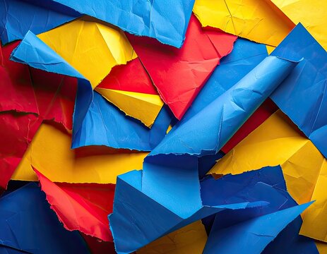 A vibrant abstract arrangement of crumpled and torn colored paper.
