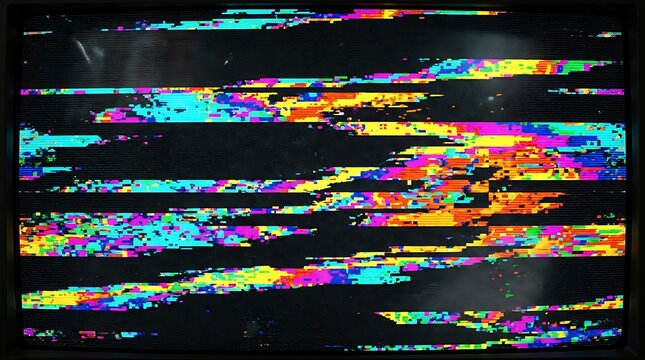 Abstract digital glitch effect with colorful static noise on a black background.