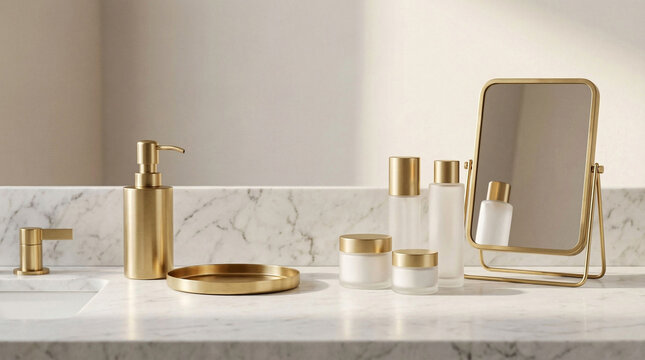 Gold bathroom accessories, frosted glass bottles, marble vanity counter surface.