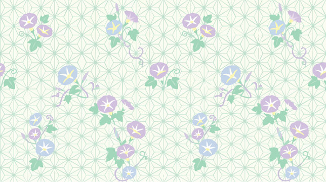 Seamless pattern with morning glory flowers and hemp leaf geometric shapes on light base.