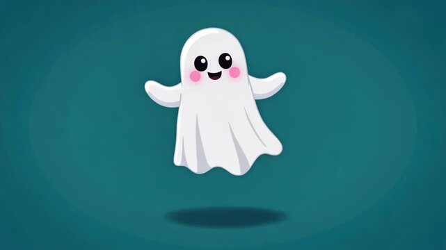 A cute cartoon ghost celebrates Halloween with a happy face.