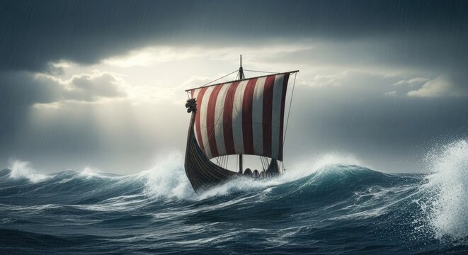 Viking Longship Sailing Through Rough Stormy Seas