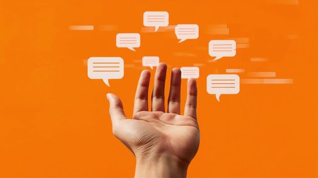 Hand interacting with digital speech bubbles motion footage showing online communication concepts and social media connectivity on orange background