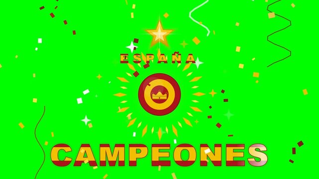 4K green screen Spain football celebration with rojigualda cockade and gold crown, one star and CAMPEONES wordmark, red gold confetti, chroma key sports overlay loop