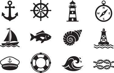 Anchor wheel lighthouse compass sailboat fish shell buoy captain hat lifebuoy wave rope knot icons set silhouette vector on a white background © Abdul