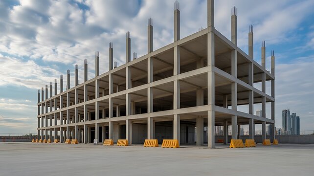 Concrete building framework under construction with structural columns and beams
