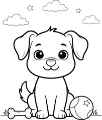 Fototapeta premium Cute puppy with bone and ball for coloring during daytime with clouds and stars
