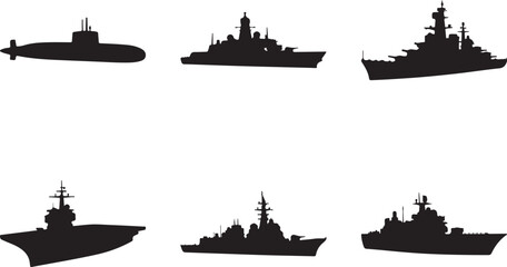 Warship navy silhouettes set of 6, large pack of vector silhouette design, isolated white background. © Abdul