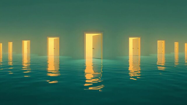 Multiple open doors standing in calm water creating surreal motion video footage representing choice opportunity success and future career paths