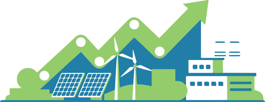Sustainable energy growth concept with solar panels wind turbines and factory buildings  eco friendly development