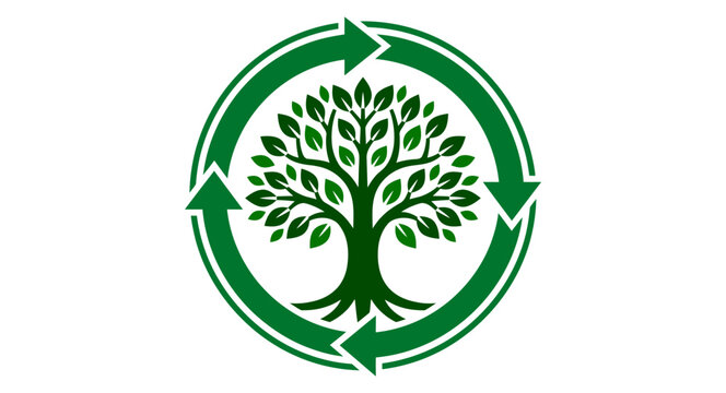 Circular tree of life with recycling arrows emblem for environmental conservation detailed green ecology badge illustration for sustainable organic brand identity.