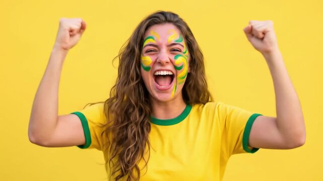 Excited brazilian soccer fan woman cheering with face paint on yellow background