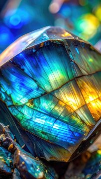 A mesmerizing close-up of a labradorite gemstone showcasing its iridescent blue, green, and gold schiller.