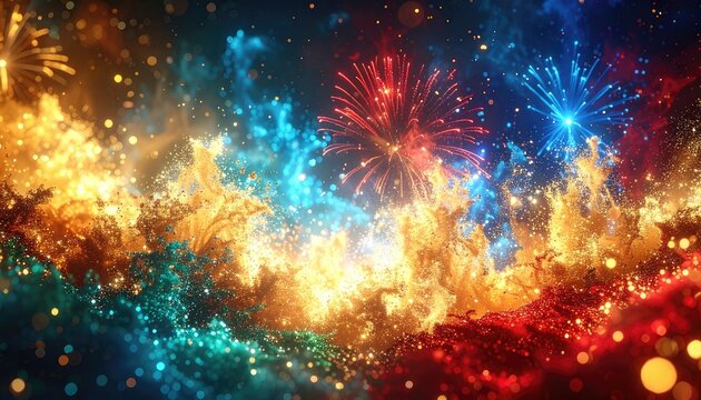 A vibrant explosion of colorful fireworks and shimmering particles illuminates the night sky.