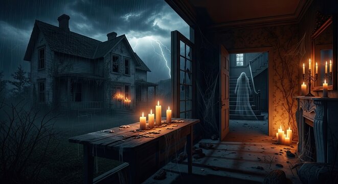 Haunted House with Ghostly Figure and Candlelit Interior