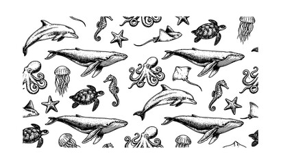 Marine life seamless pattern background with hand drawn ink sketch style ocean creatures whale dolphin octopus turtle vector illustration © Shahanaj