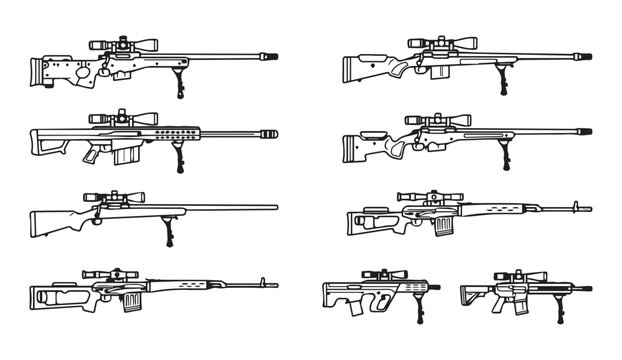 Modern sniper rifles with scopes and bipods in a clean white background line drawing illustration