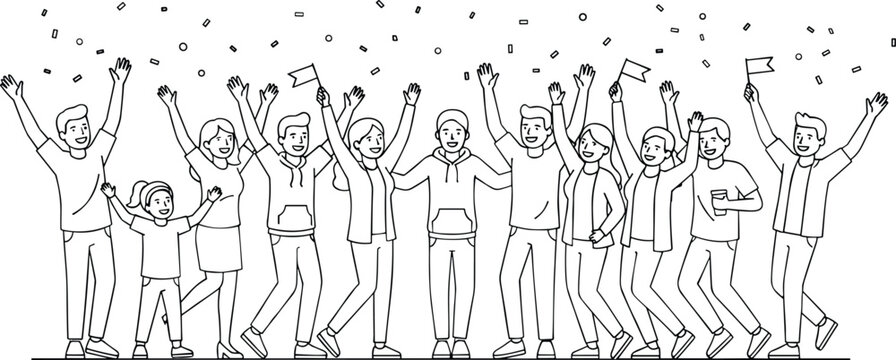 Hand drawn sketch illustration of happy friends crowd celebrating success festival party with confetti and flags vector line art.