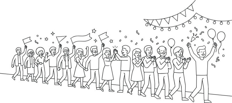 Hand drawn sketch illustration of happy diverse crowd celebrating festive parade community event with flags and balloons vector line art.