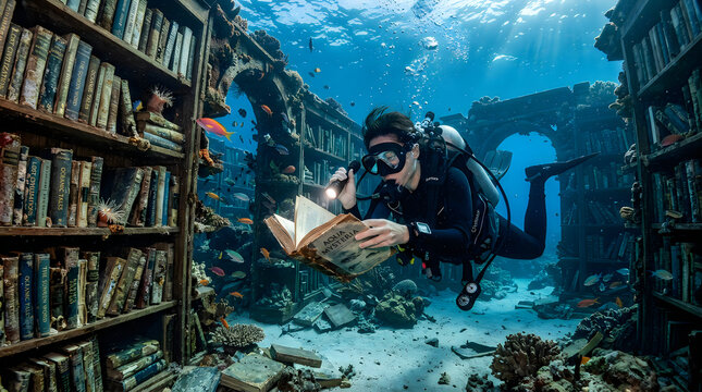 Scuba diver reading an old book in an underwater library with shelves of books