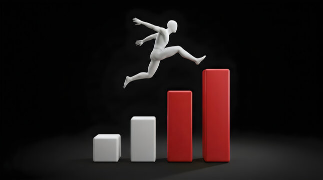 White 3d man jumping over growing red and white business graph chart bars