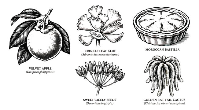Vintage botanical engraving set, hand drawn velvet apple and crinkle leaf aloe, Moroccan bastilla and golden rat tail cactus vector illustrations