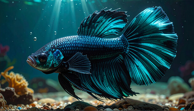 Elegant blue betta fish swims in a vibrant underwater aquarium scene