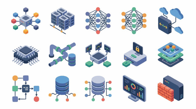 Set of isometric icons representing technology and data processing concepts.
