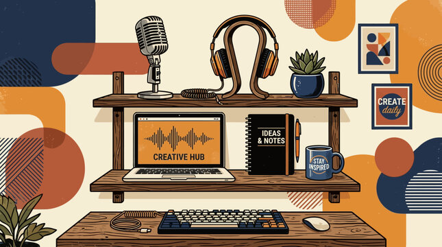 Modern creative workspace setup with vintage microphone headphones laptop journal mug and keyboard for artists podcasters and digital nomads illustration