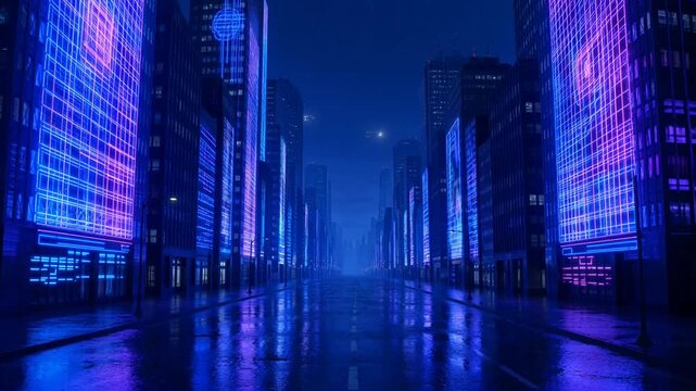 Futuristic cyberpunk city street at night with neon blue lights and wet road reflection