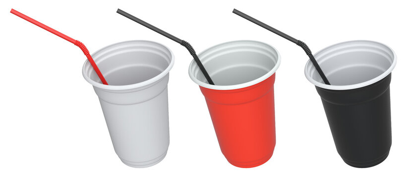 Set of colorful plastic drinking cups with black bendy straws isolated on a white background, symbolizing party beverages