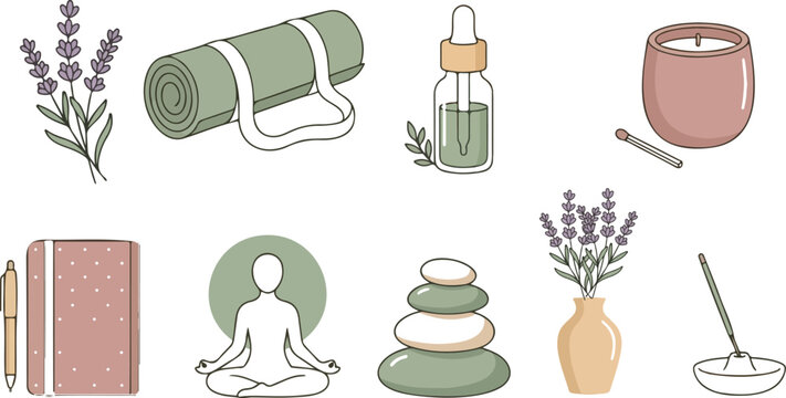 Holistic self care and mindfulness icons collection with line art yoga person silhouette incense stick candle notebook journaling and spa wellness elements.