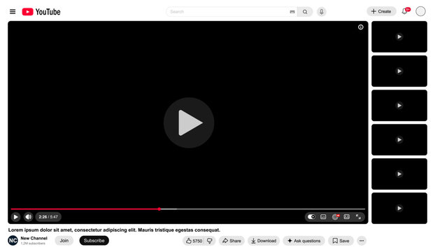 Youtube light mode video player new design 2026 template with side playlist for web and mobile apps flat style. Vector editorial illustration