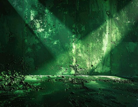 A gritty, textured green wall with scattered debris and light beams.