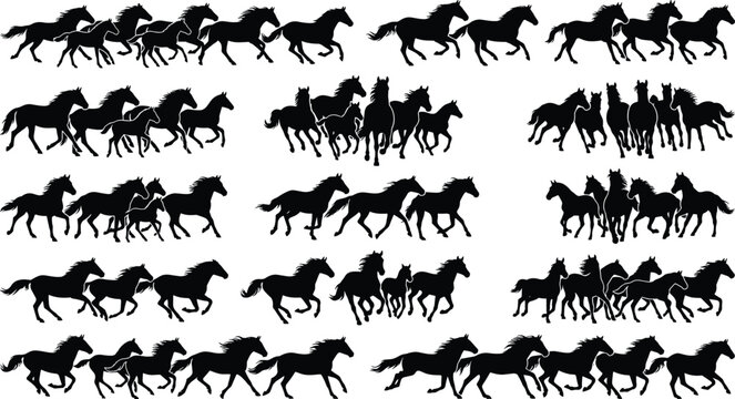 Running Herd of Wild Horses Silhouette Vector Set Featuring Galloping Mustangs and Stallions in Motion for Western Country and Nature Theme Designs