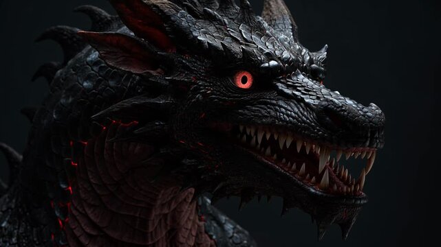 Close up profile of a black dragon head with glowing orange eyes and sharp teeth on a black background