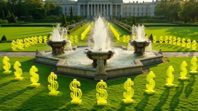 Classical mansion estate with water fountains and glowing yellow dollar signs on a green lawn