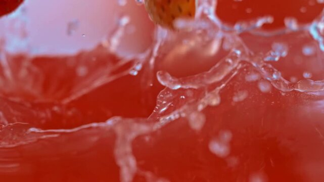 Fresh strawberries falling into red juice creating big water splashes in slow motion macro cinematography of fruit dropping into liquid for beverage clip.