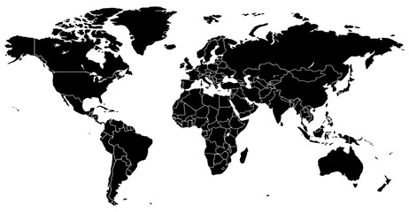 Detailed black world map silhouette showing precise continental shapes and international borders rendered in a simple flat graphic style isolated as a vector on transparent background © Graphixa
