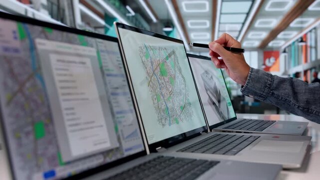 Urban Planner Studies City Land Maps On Laptop