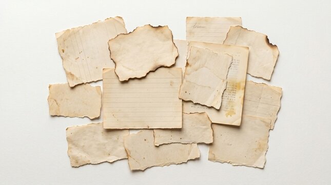 A collection of torn and aged paper pieces scattered on a surface