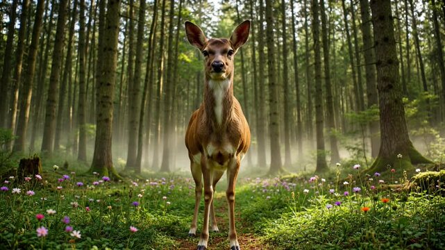 Deer standing on a path in a misty sunlit forest with wildflowers