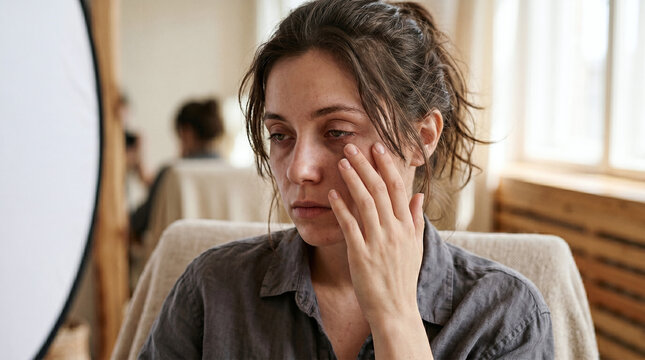Stressed Woman Touching Face Indoors