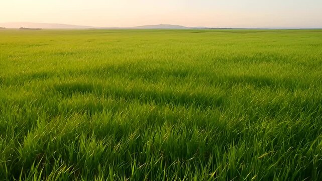 Lush green wheat field at sunset with grass swaying in the wind during golden hour