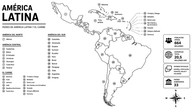 Detailed educational map showing the countries of Latin America and the Caribbean region with numbered labels and statistical data points presented in black on transparent background