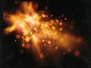 Fototapeta premium Cosmic golden orange light explosion in deep space with glowing particles and nebula effect