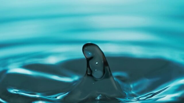 Macro water drop collision captured in high speed cinematography creating dynamic ripples and liquid crown shape in tranquil blue surface pool fluid motion clip.
