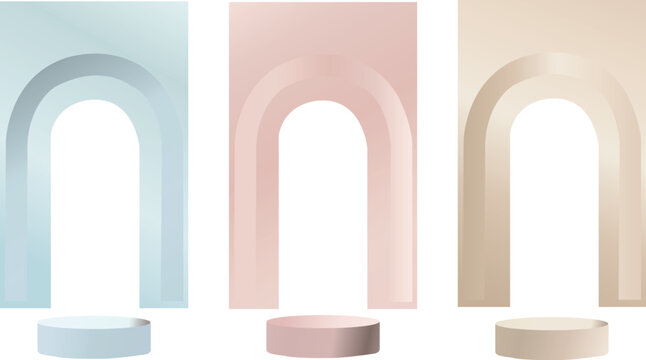 Set of 3d podiums with arch backgrounds in pastel colors for product display vector illustration