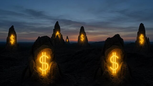 Surreal landscape with glowing neon dollar signs on desert rock formations at sunset